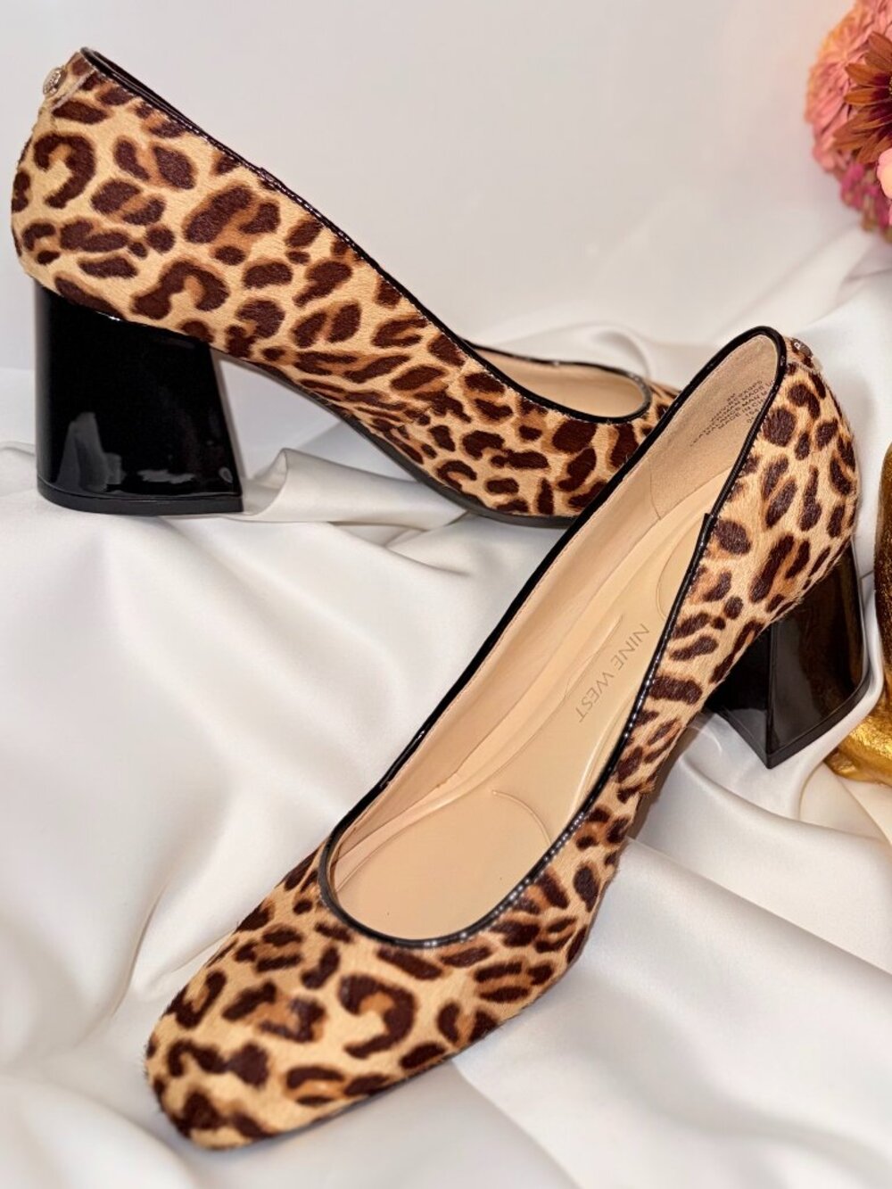 Nine West Animal Print Leopard Leather Fur Pumps Block Heel NEW Size 8 Neutral